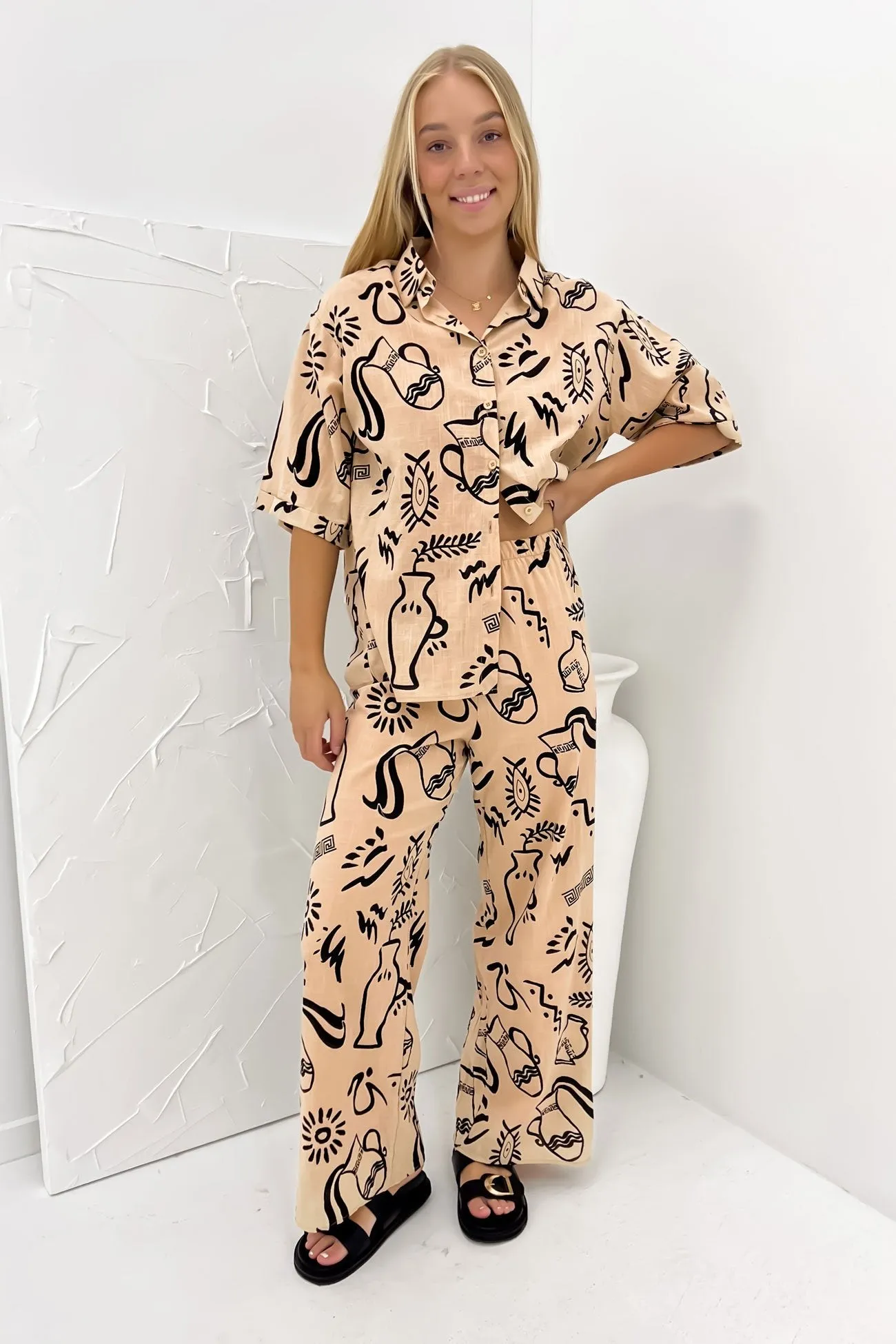 Aphaea Pant Set Tan Black Aztec Vase