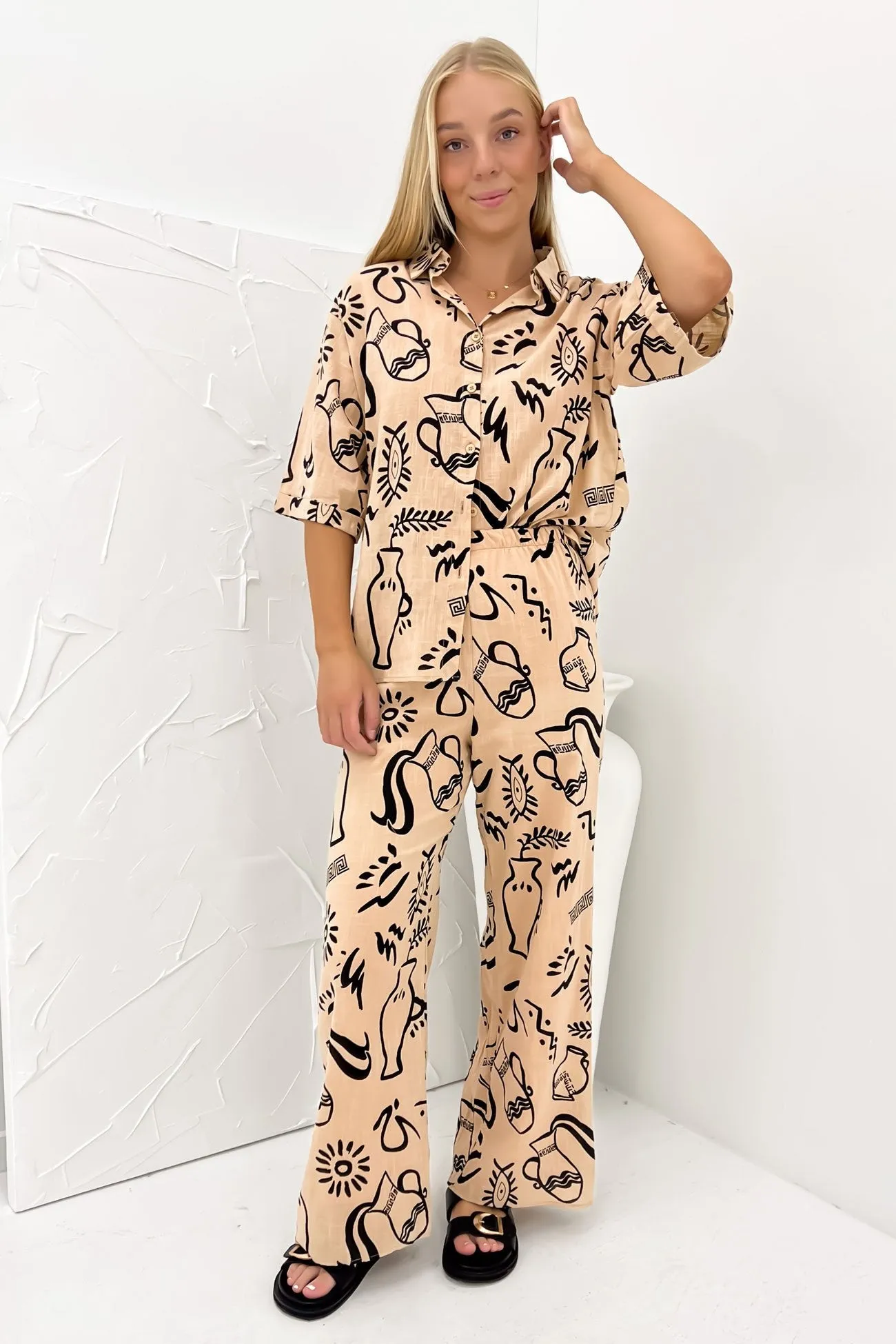 Aphaea Pant Set Tan Black Aztec Vase