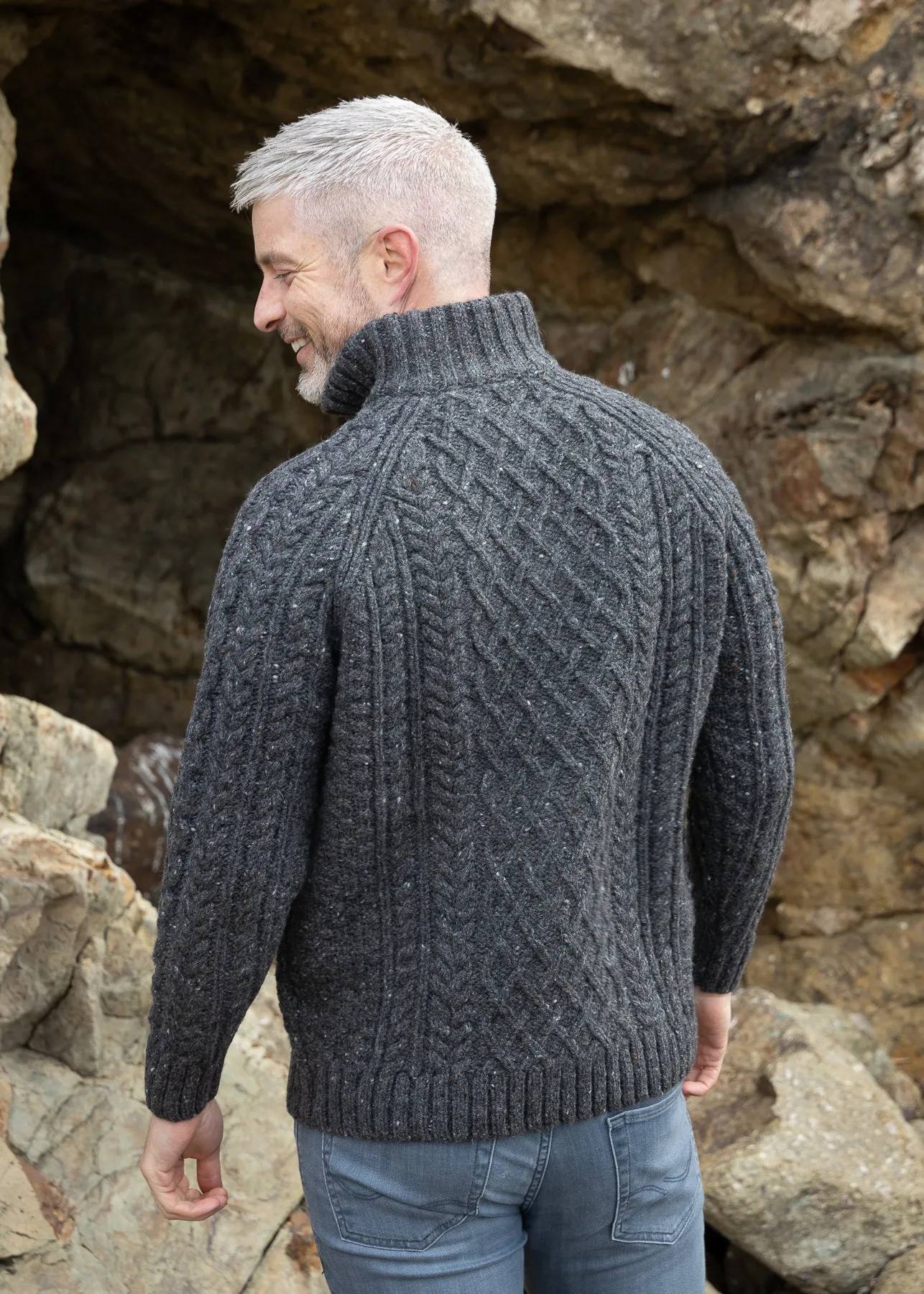 Aran Donegal Zip Sweater | Charcoal - Clearance