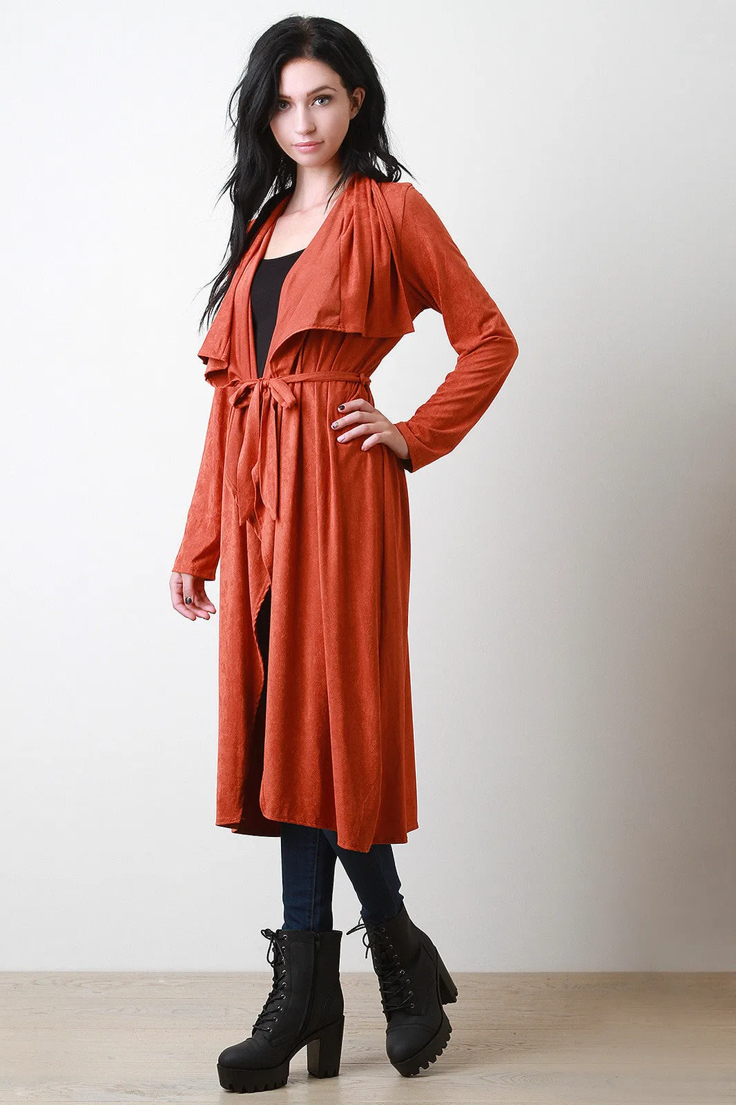 Belted Suede Draped Longline Jacket