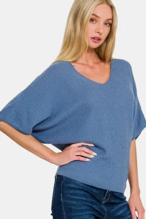 Beth Dusty Blue V-Neck Short Sleeve Dolman Sweater