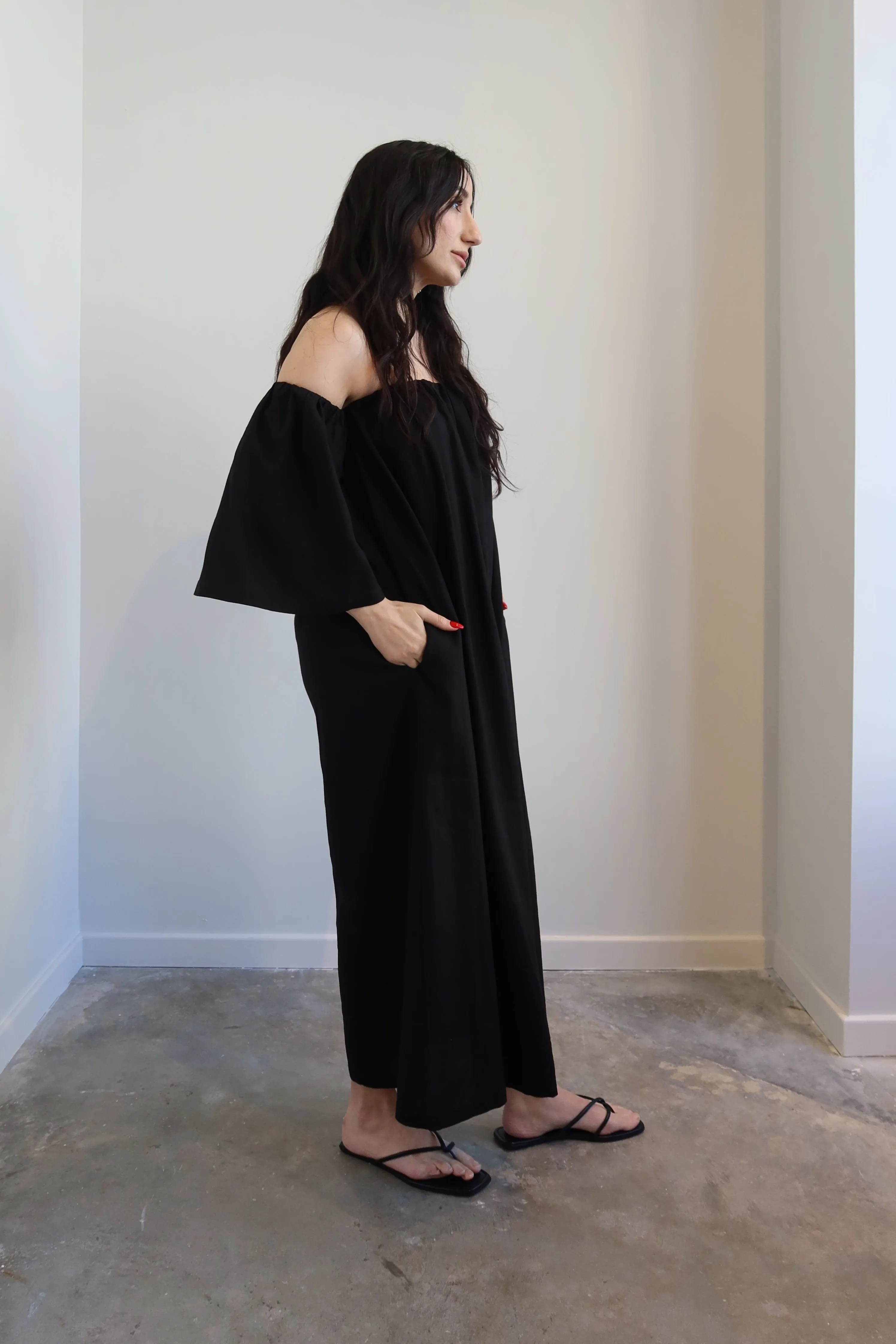 Black Linen Off The Shoulder Midi Dress