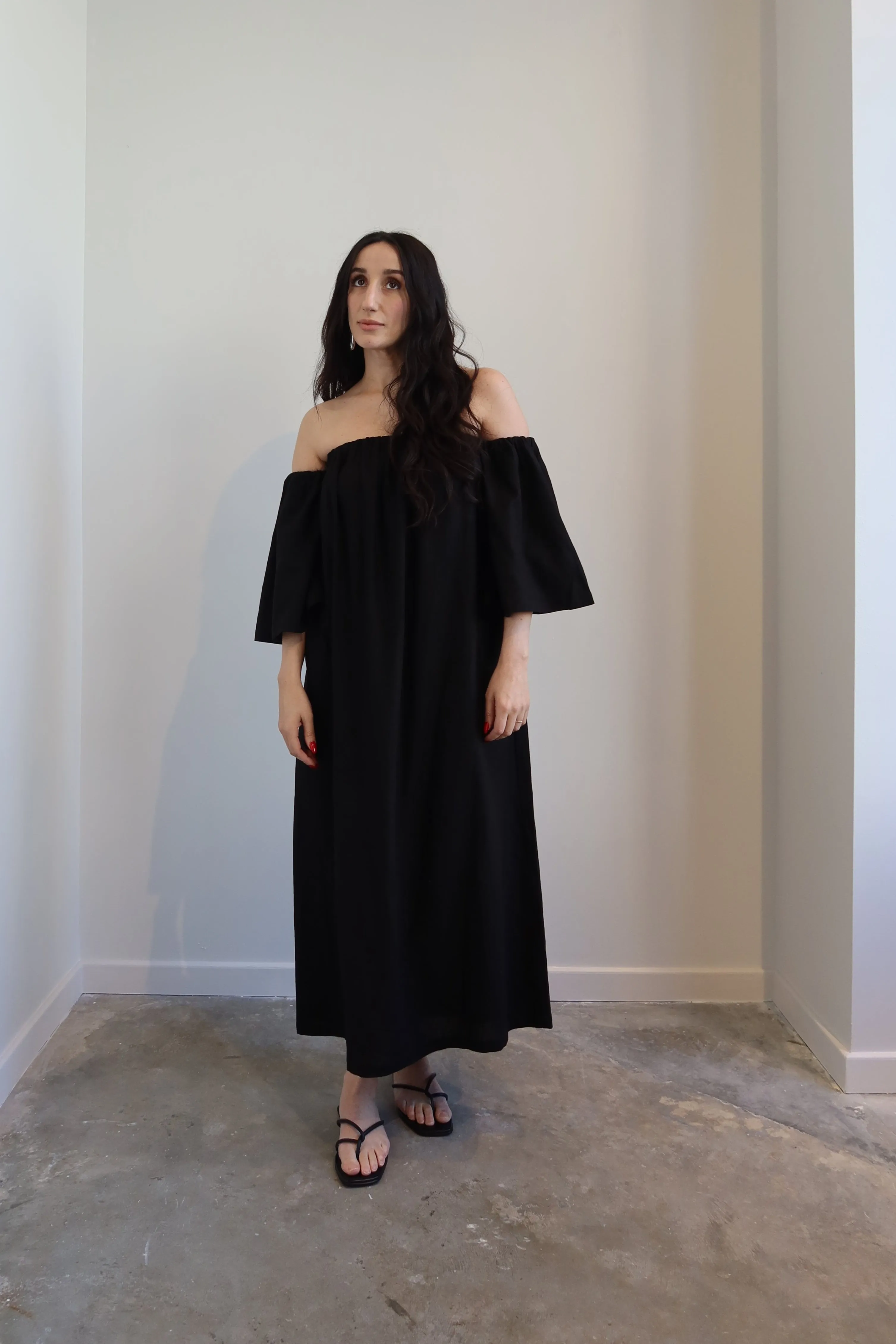 Black Linen Off The Shoulder Midi Dress