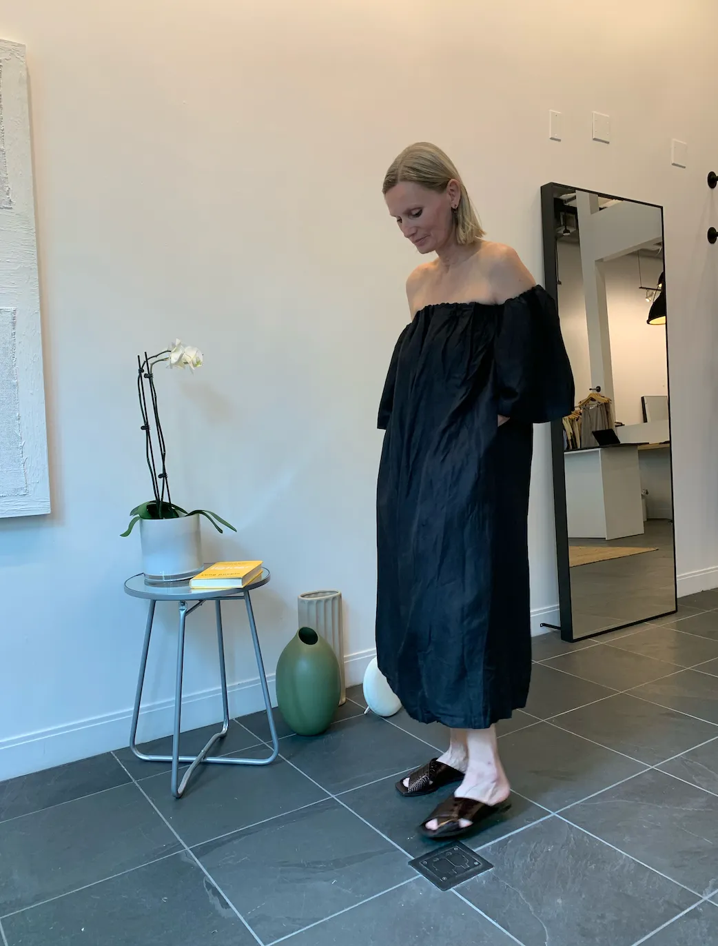 Black Linen Off The Shoulder Midi Dress