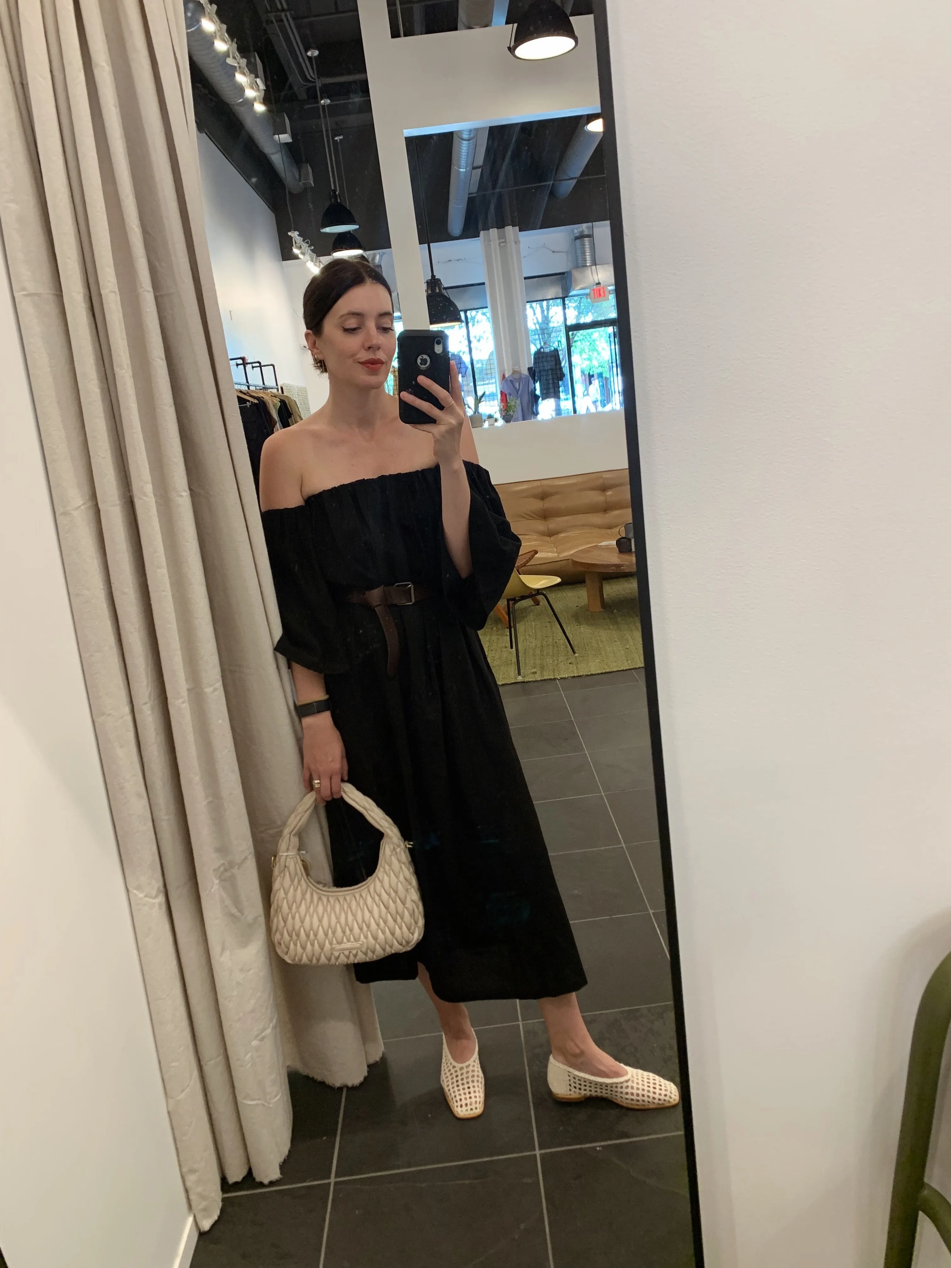 Black Linen Off The Shoulder Midi Dress