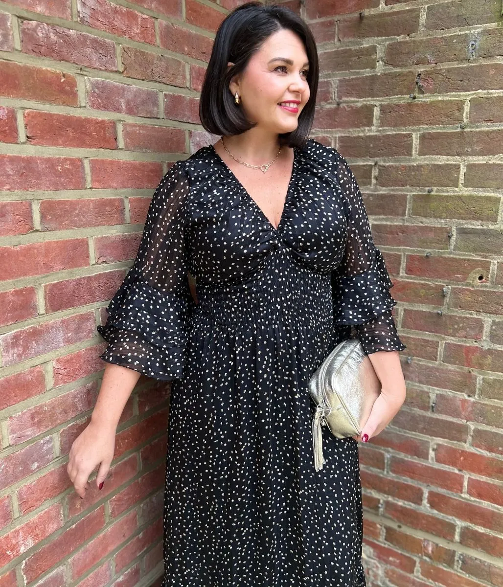 Black Spotted Chiffon Maxi Dress