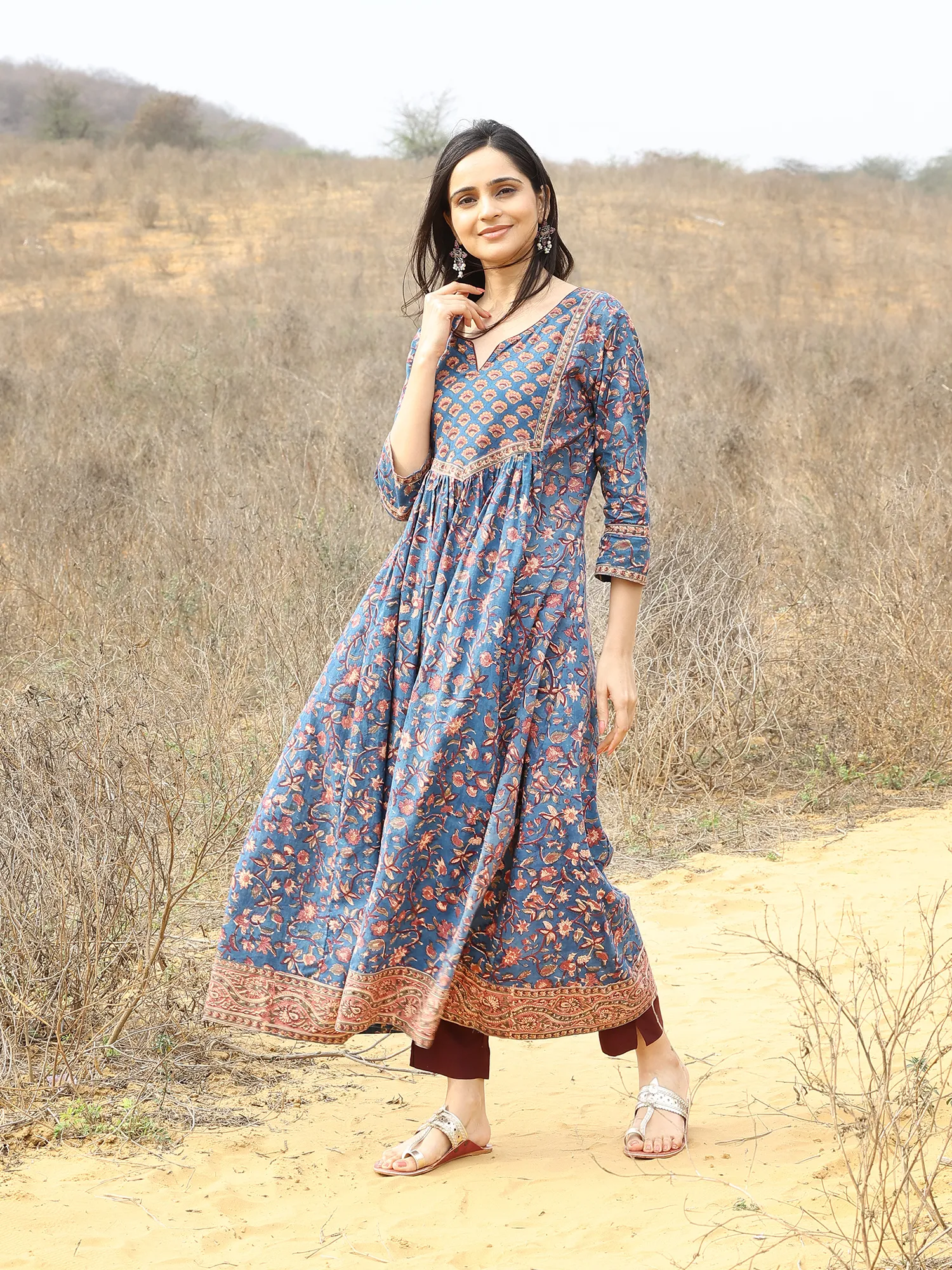 Blue Hand Block Printed Cotton A-Line Kurta Set with Plain Pant & Chiffon Dupatta