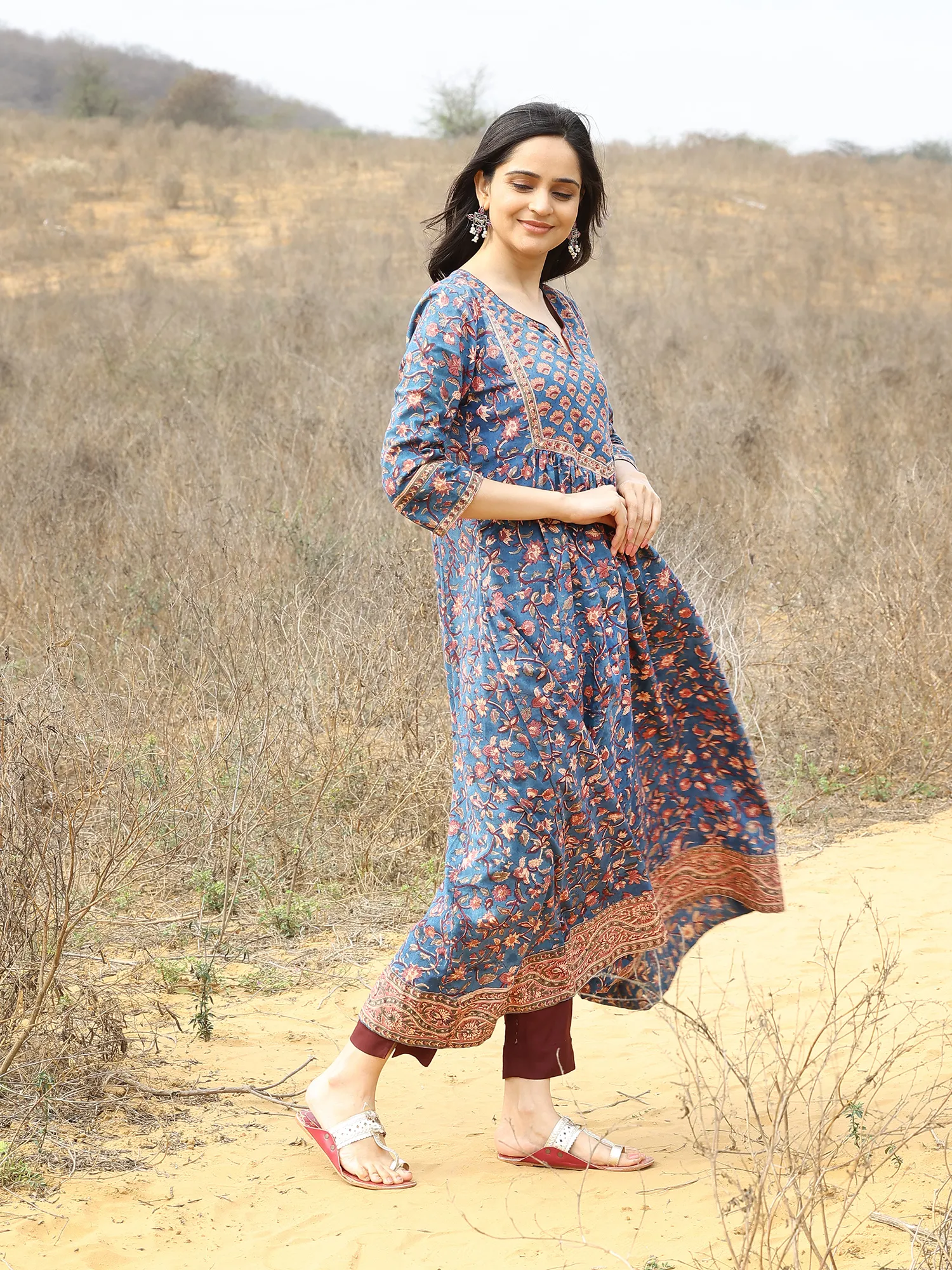 Blue Hand Block Printed Cotton A-Line Kurta Set with Plain Pant & Chiffon Dupatta