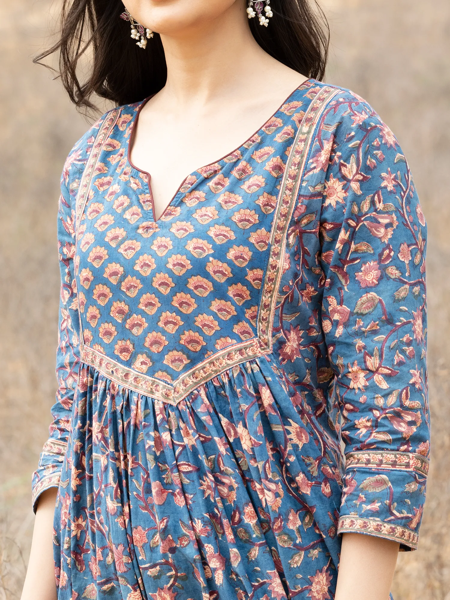 Blue Hand Block Printed Cotton A-Line Kurta Set with Plain Pant & Chiffon Dupatta