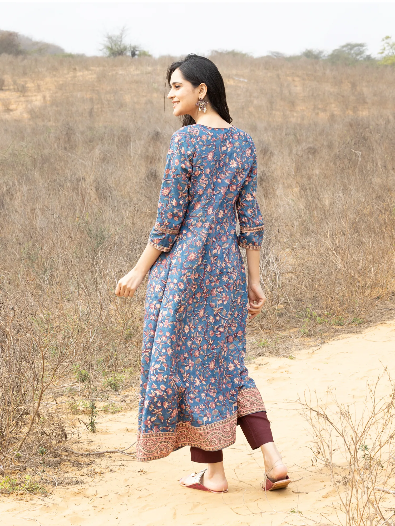 Blue Hand Block Printed Cotton A-Line Kurta Set with Plain Pant & Chiffon Dupatta