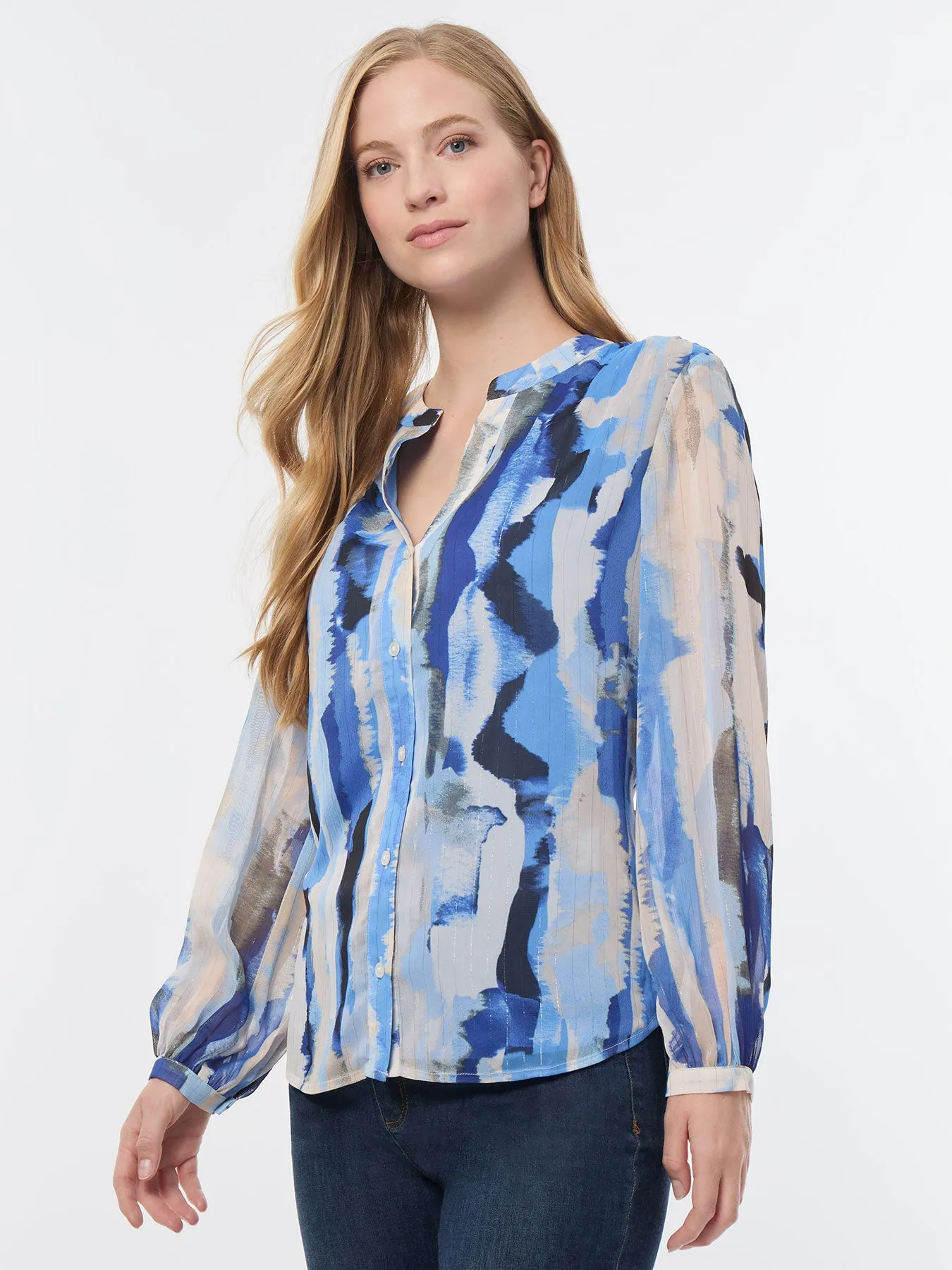 Button-Front Abstract Print Blouse, Chiffon