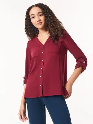 Button-Front Collarless Tunic, Crepe De Chine