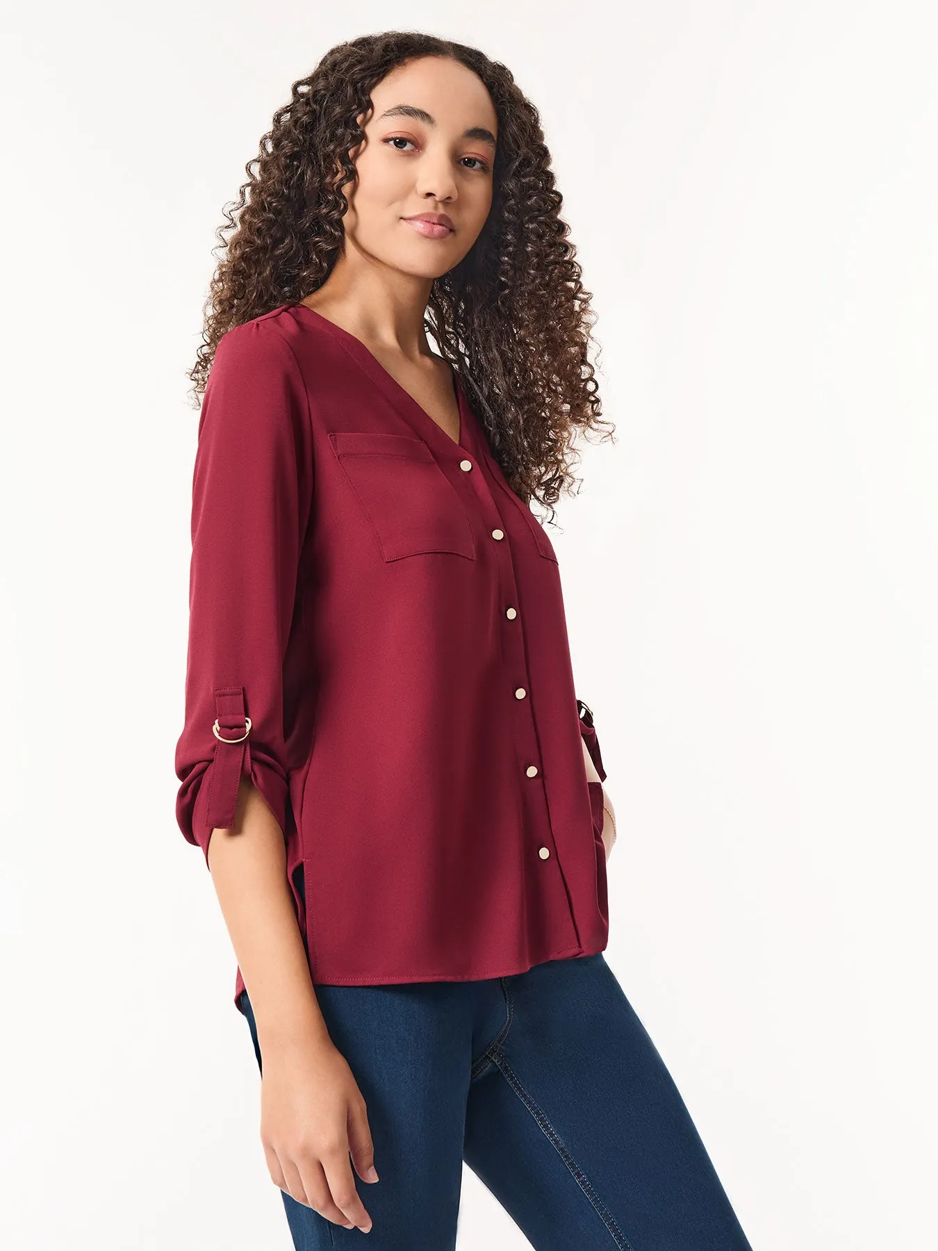 Button-Front Collarless Tunic, Crepe De Chine