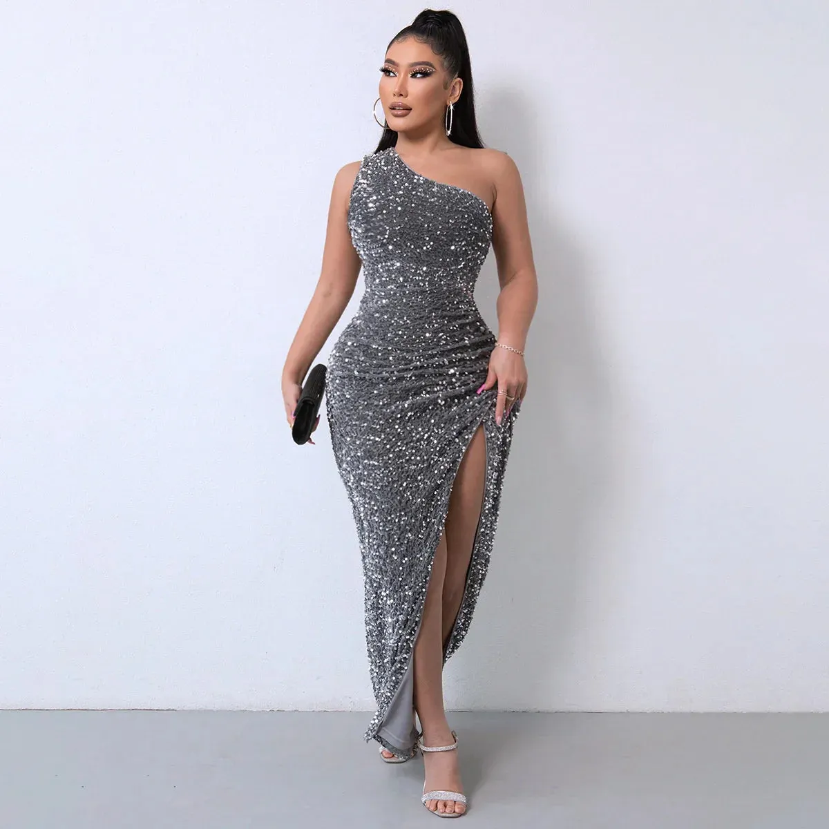 Club Maxi Party Women Sequin Sexy High Glitter Split Summer Dress Dress