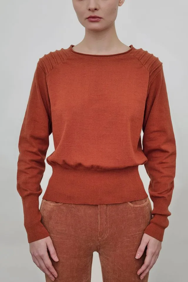 Cotton Sweater Crew Neck Top with Shoulder Detail - ADELINE FA24