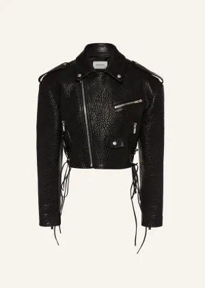 Cropped leather biker jacket in embossed black