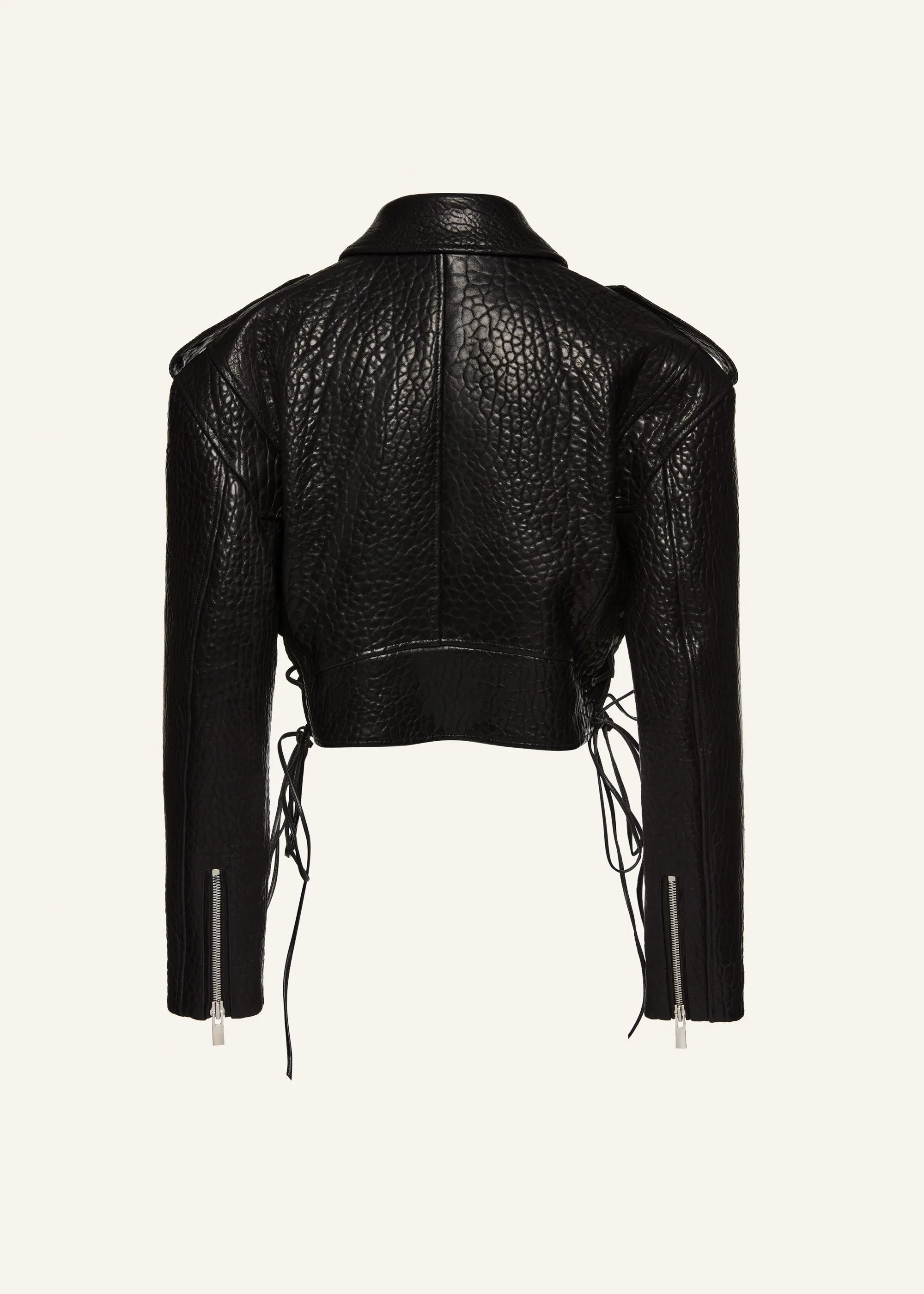 Cropped leather biker jacket in embossed black