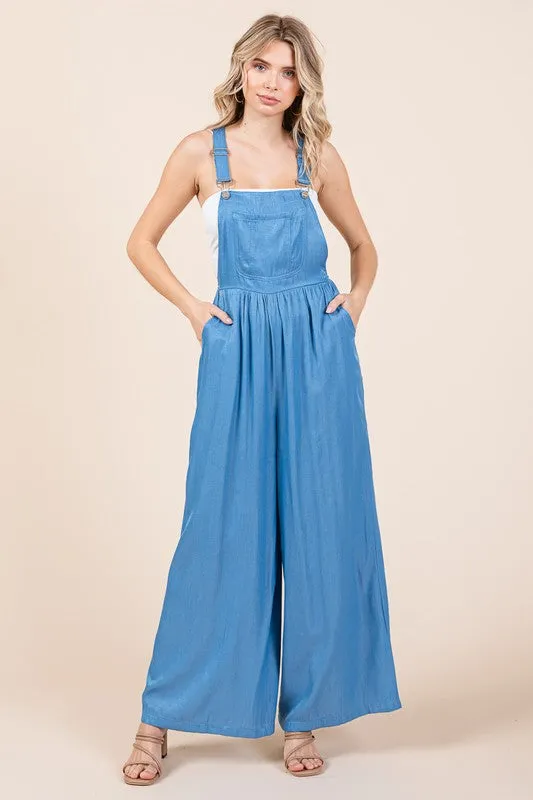 Denim Wide Leg Loose Fit Chambray Jumpsuits with Pockets