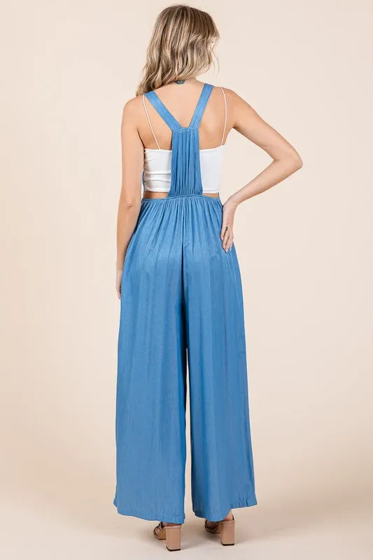 Denim Wide Leg Loose Fit Chambray Jumpsuits with Pockets