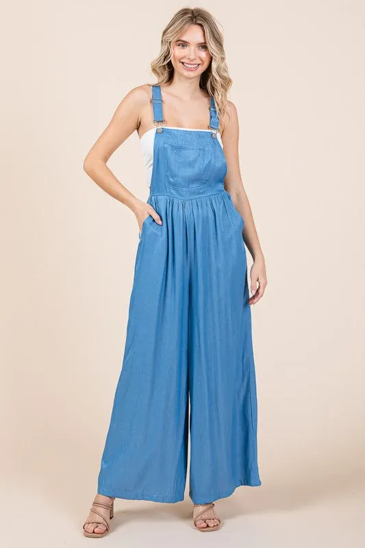 Denim Wide Leg Loose Fit Chambray Jumpsuits with Pockets