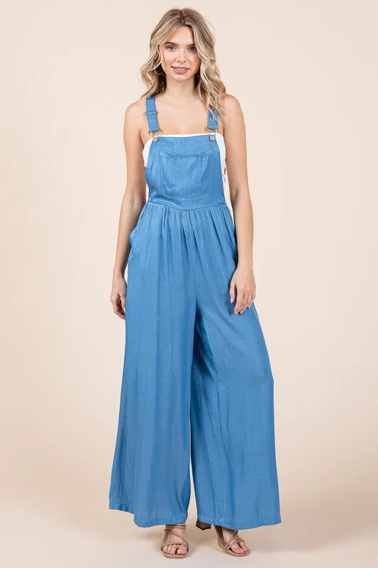 Denim Wide Leg Loose Fit Chambray Jumpsuits with Pockets