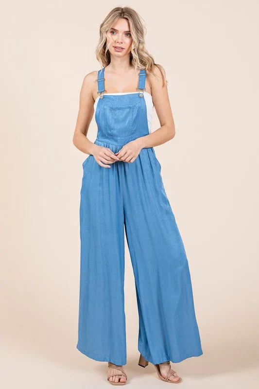 Denim Wide Leg Loose Fit Chambray Jumpsuits with Pockets