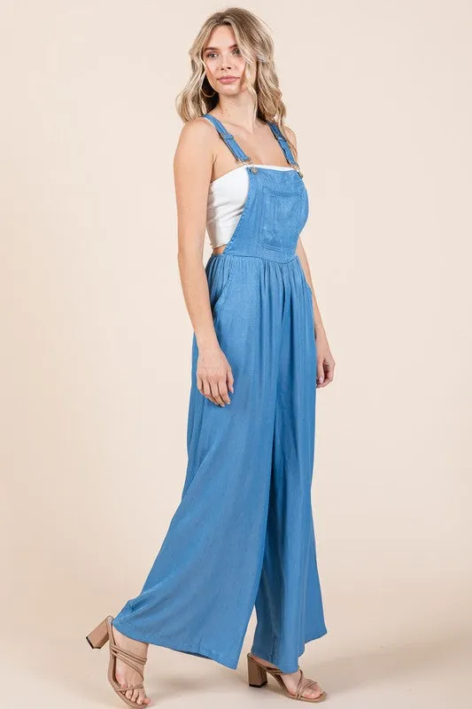 Denim Wide Leg Loose Fit Chambray Jumpsuits with Pockets