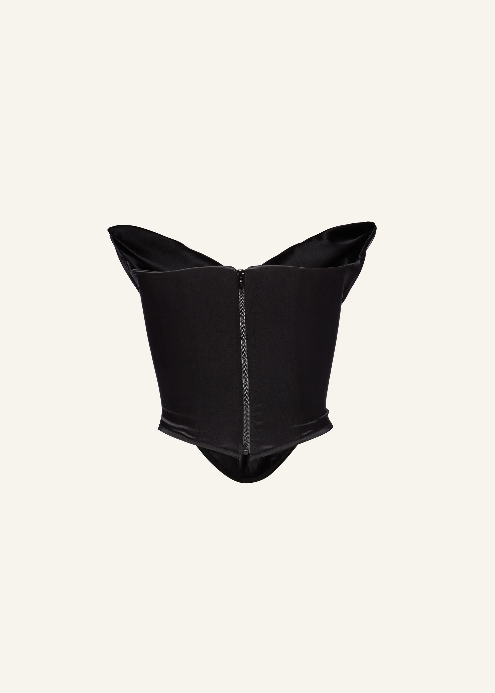 Draped satin strapless corset in black