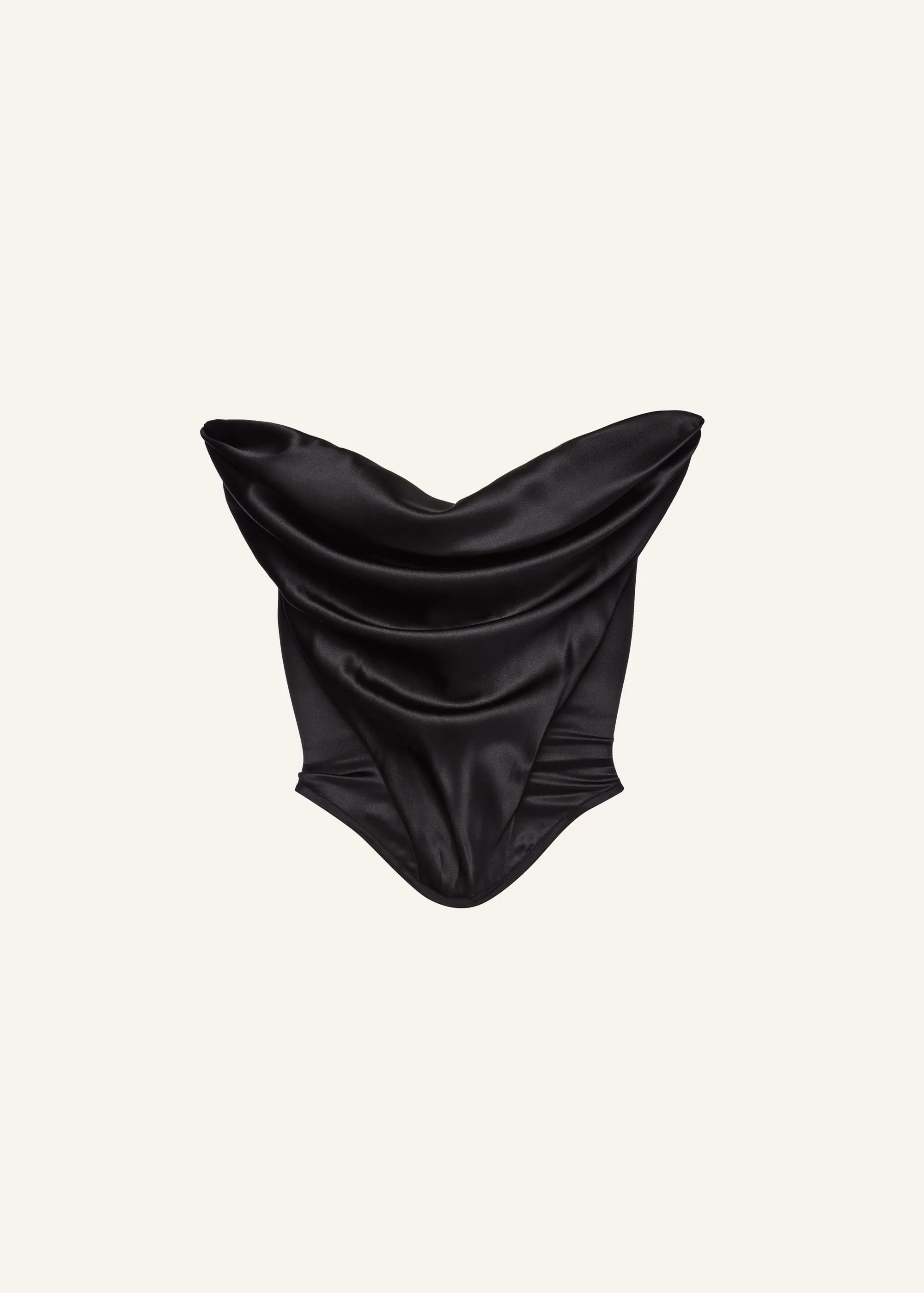 Draped satin strapless corset in black