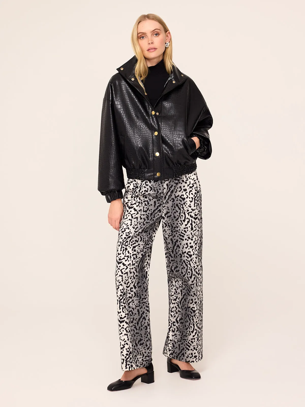 Estelle Black Faux Croc Oversized Bomber Jacket