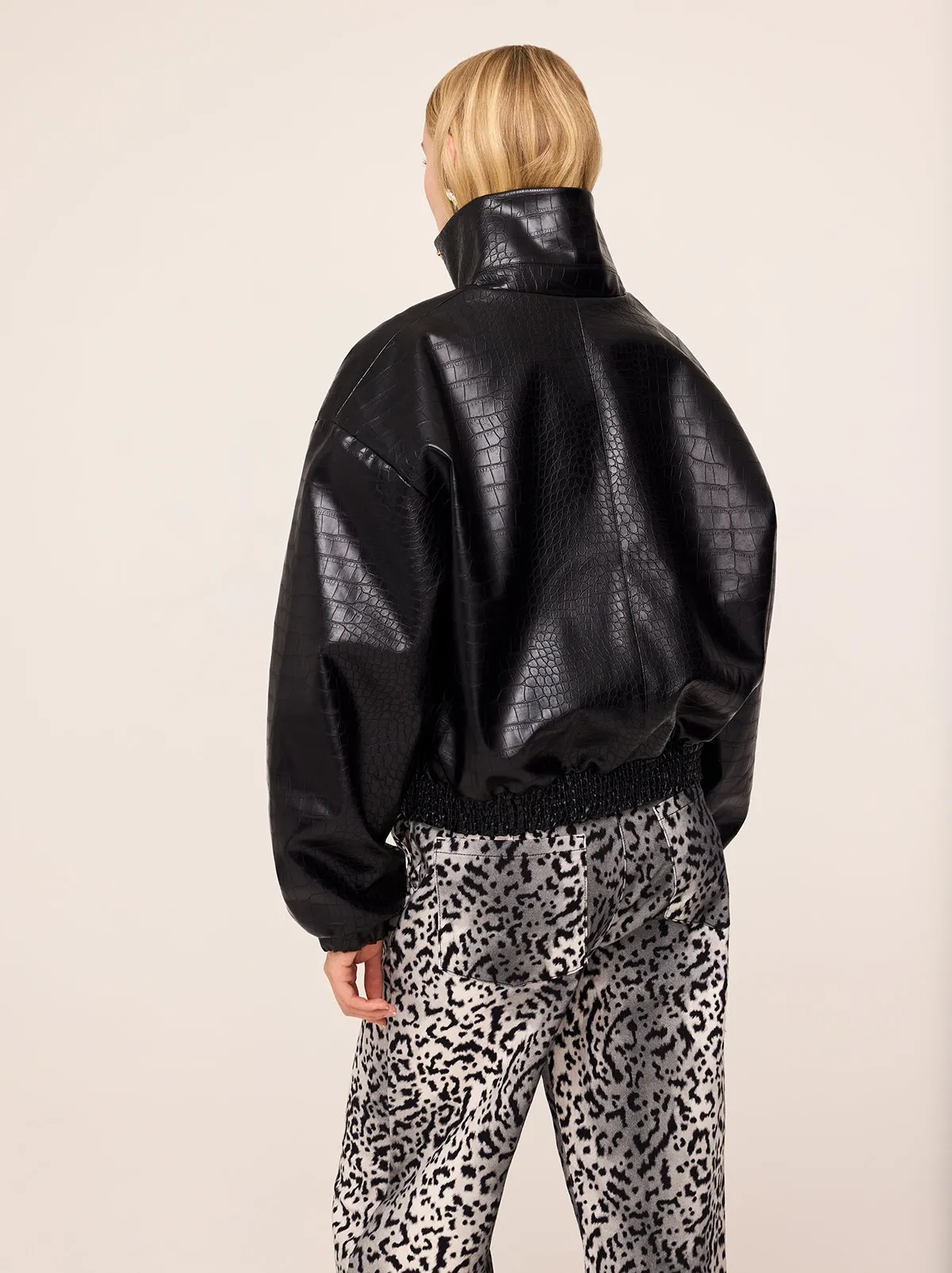 Estelle Black Faux Croc Oversized Bomber Jacket