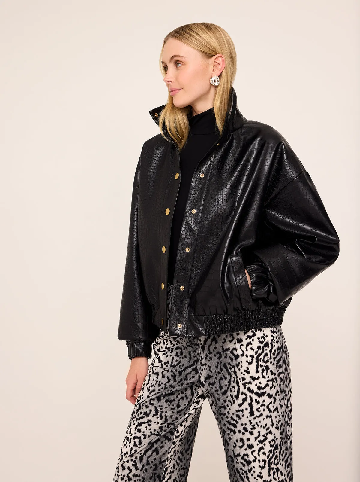 Estelle Black Faux Croc Oversized Bomber Jacket