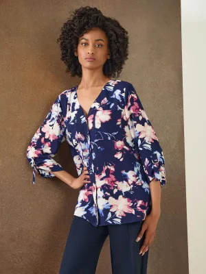 Floral Button-Front Collarless Tunic, Crepe De Chine