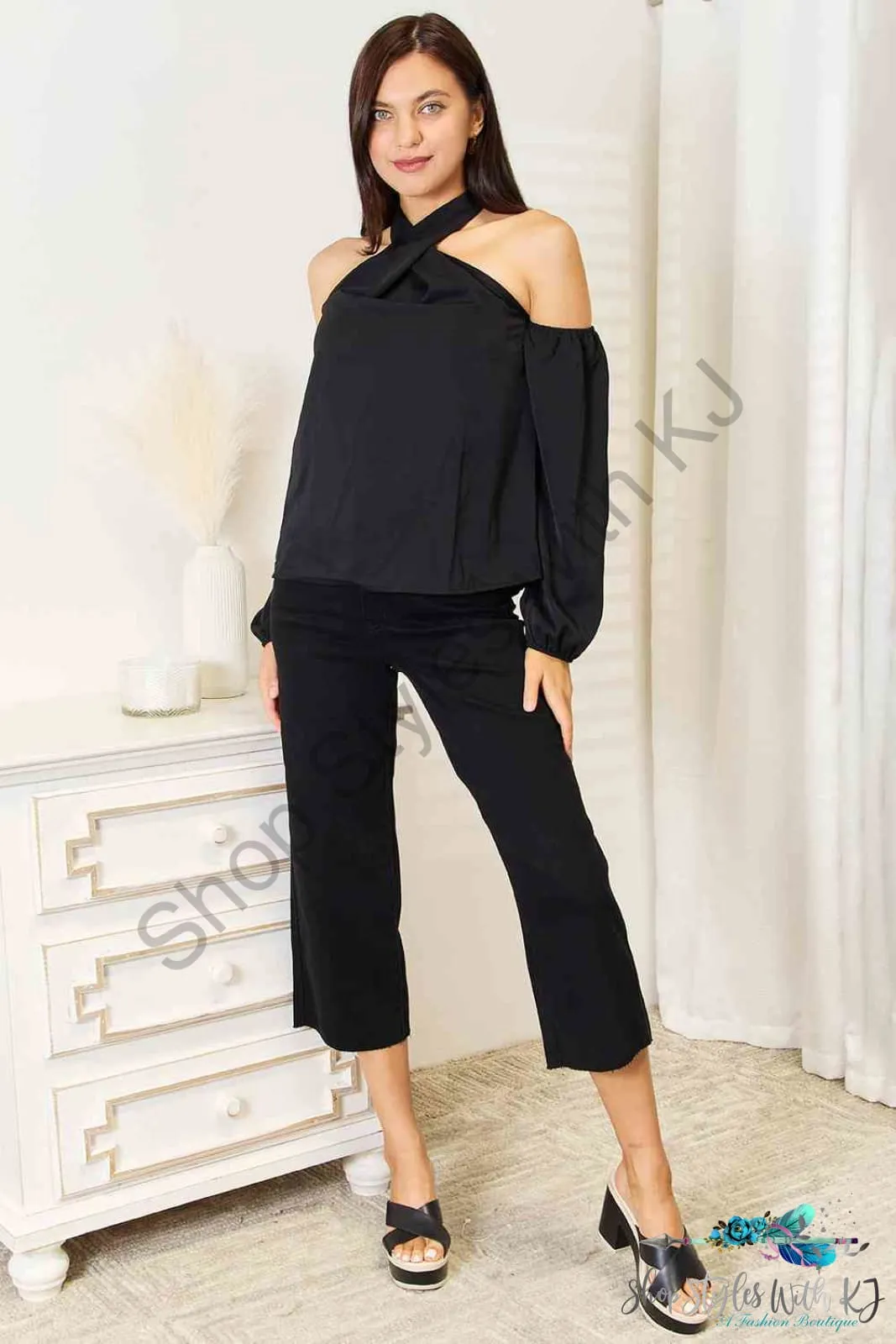 Grecian Cold Shoulder Long Sleeve Blouse