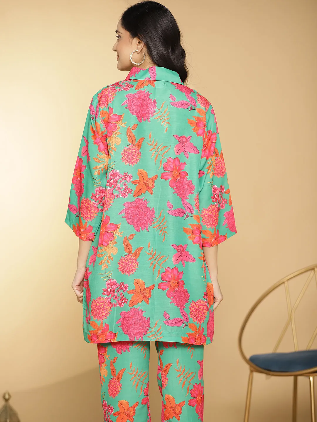 GreenFloral Muslin Printed ShirtTop