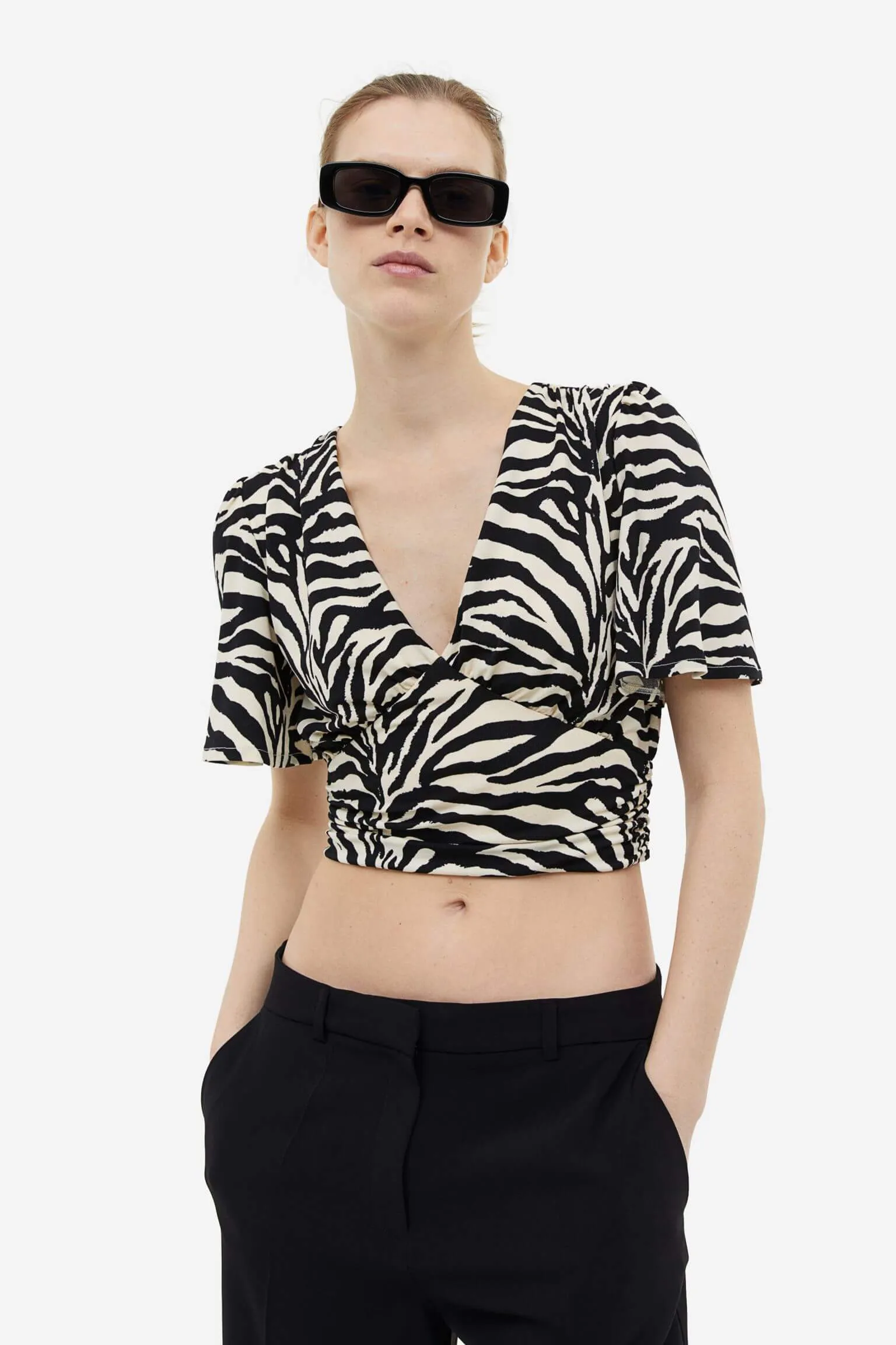 H&M Gathered Crop Top, black/zebra