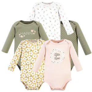 Hudson Baby Cotton Long-Sleeve Bodysuits, Sage Floral Wreath 5 Pack