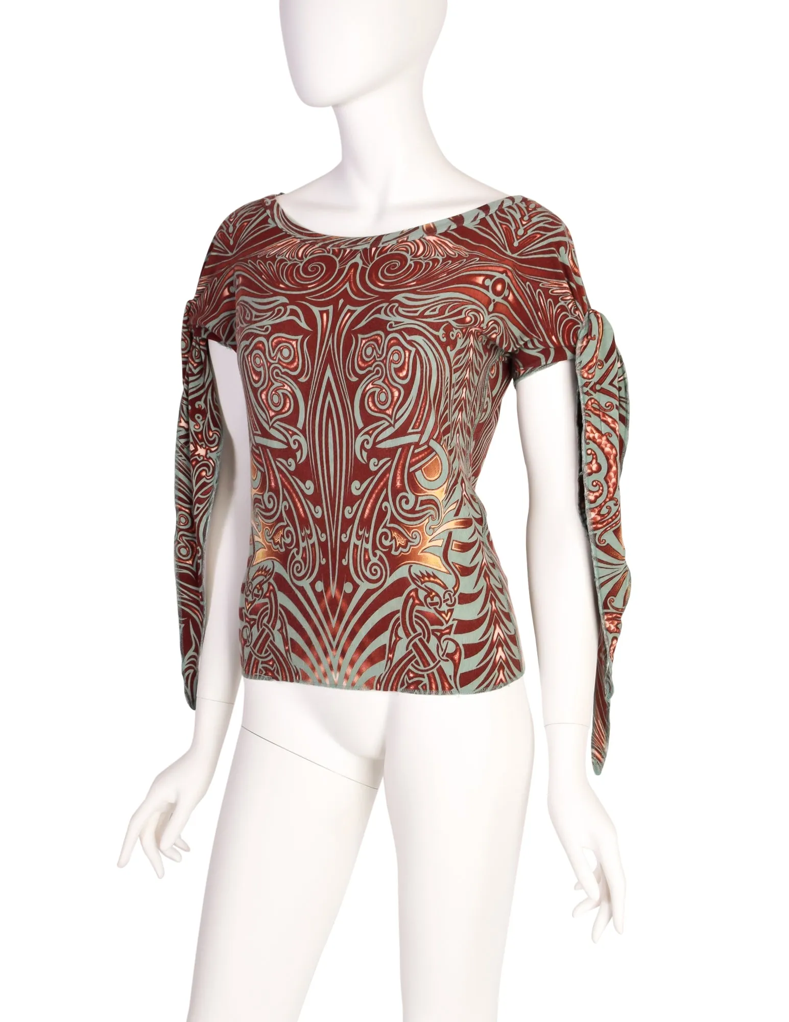 Jean Paul Gaultier Vintage SS 1996 Cyberbaba Tribal Tattoo Print Tie Sleeve Top