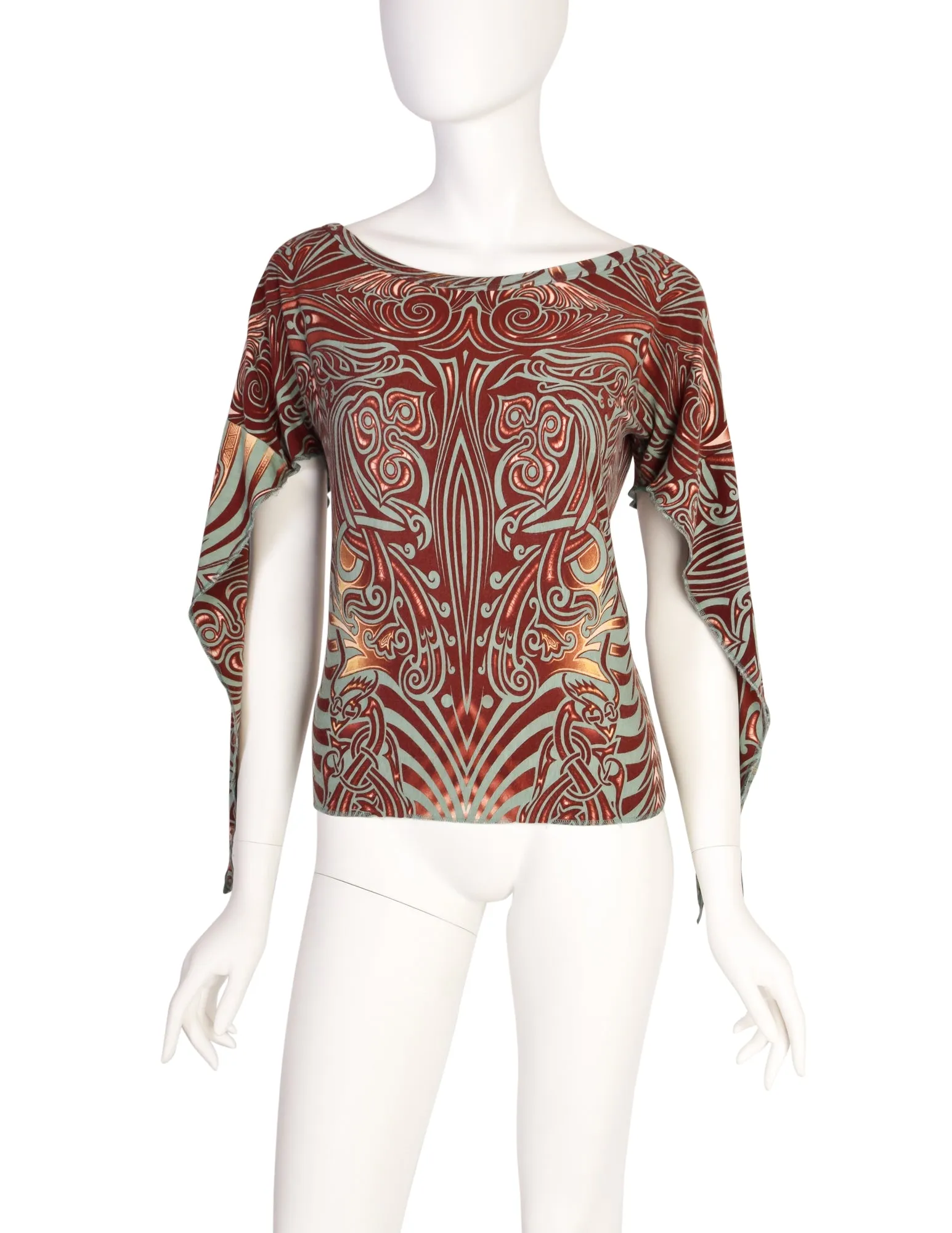 Jean Paul Gaultier Vintage SS 1996 Cyberbaba Tribal Tattoo Print Tie Sleeve Top