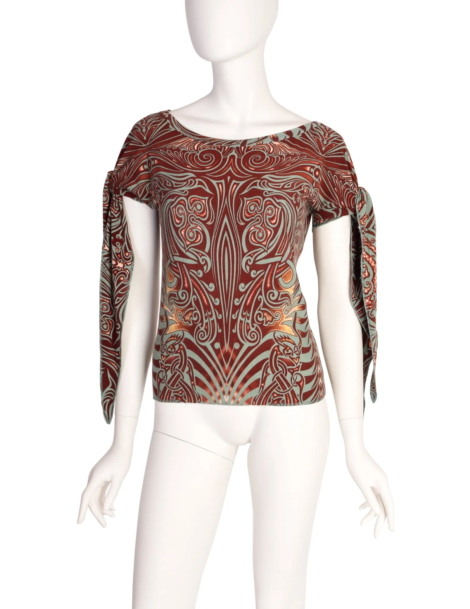 Jean Paul Gaultier Vintage SS 1996 Cyberbaba Tribal Tattoo Print Tie Sleeve Top