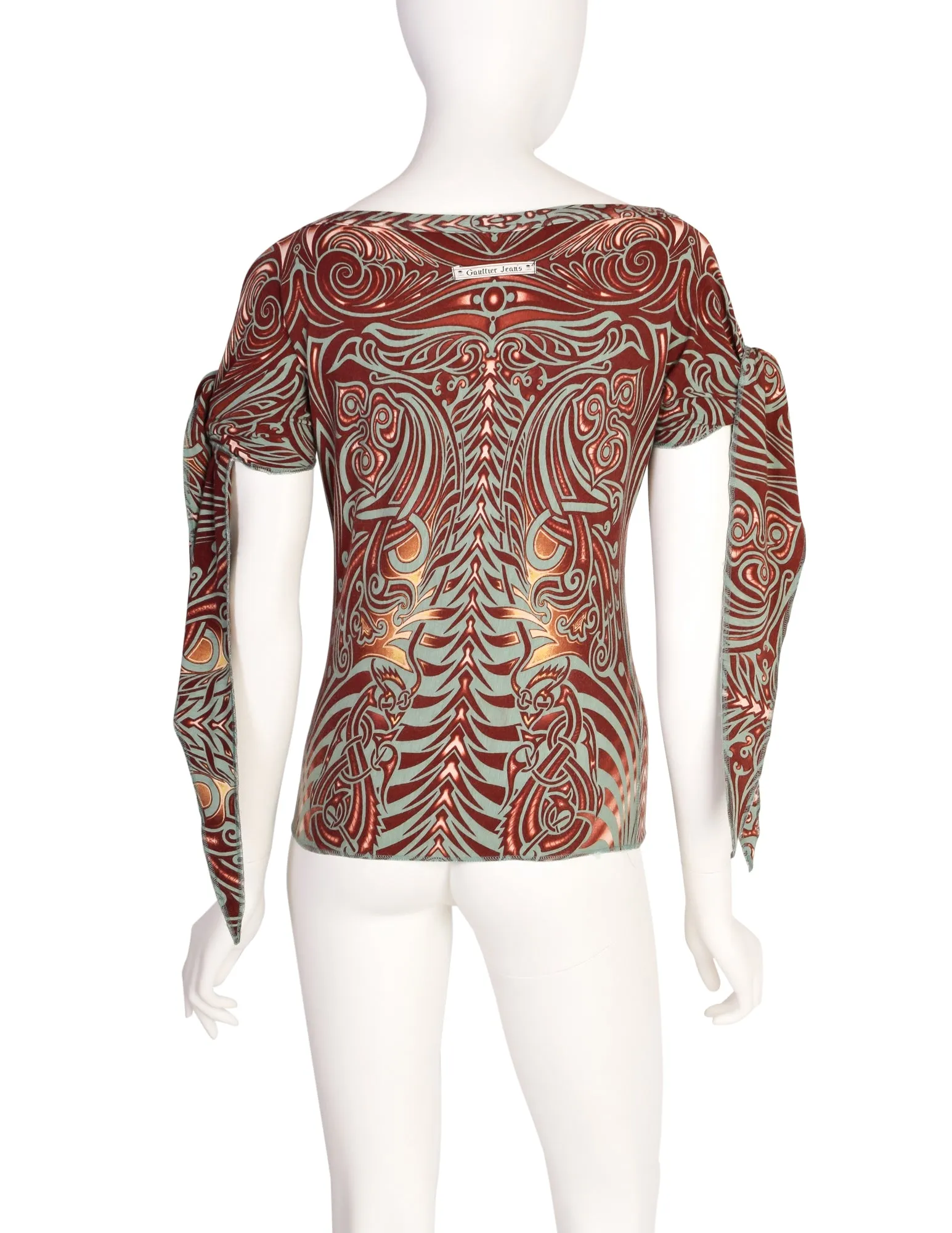 Jean Paul Gaultier Vintage SS 1996 Cyberbaba Tribal Tattoo Print Tie Sleeve Top