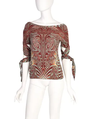 Jean Paul Gaultier Vintage SS 1996 Cyberbaba Tribal Tattoo Print Tie Sleeve Top