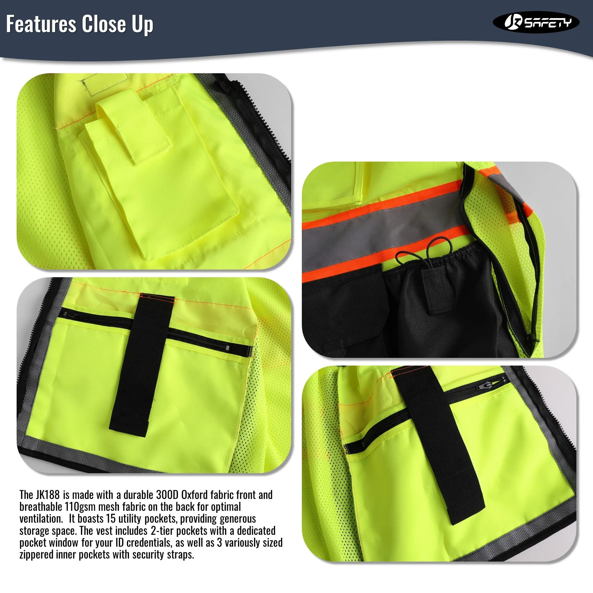 JKSafety Heavy Duty Reflective Surveyor Safety Vest Cushioned Collar (JK188)