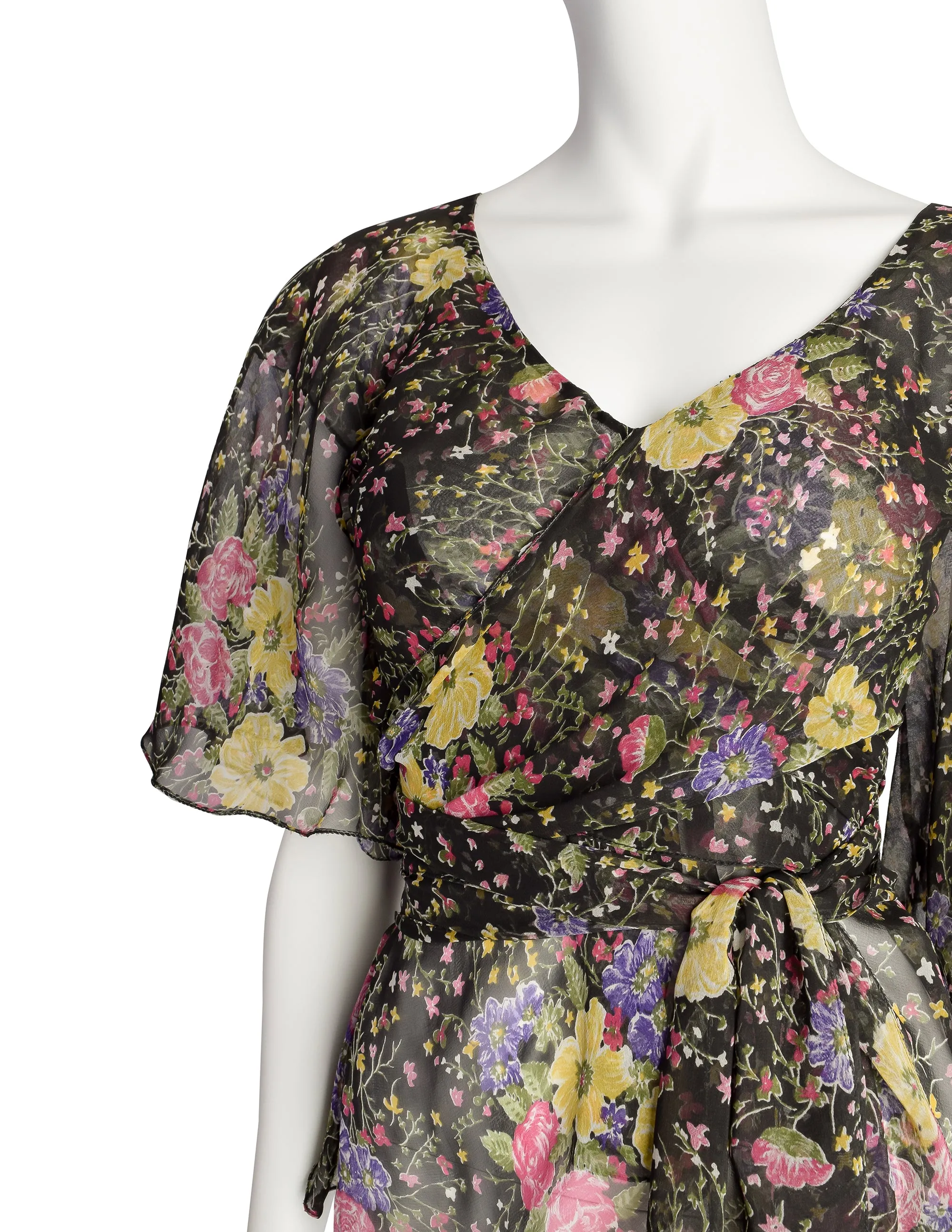 Koos van den Akker Vintage 1970s Black Floral Sheer Chiffon Wrap Blouse Top