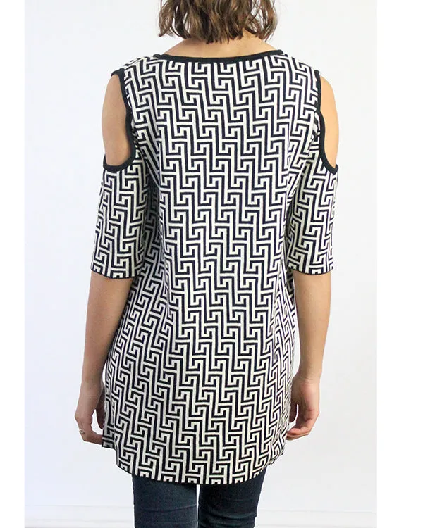 Labyrinth Print Open Shoulder Peekaboo Cotton Tunic