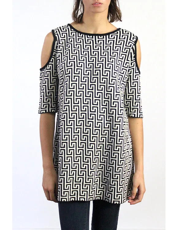 Labyrinth Print Open Shoulder Peekaboo Cotton Tunic