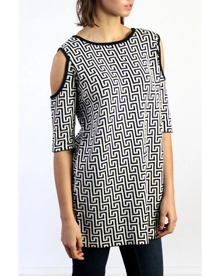 Labyrinth Print Open Shoulder Peekaboo Cotton Tunic