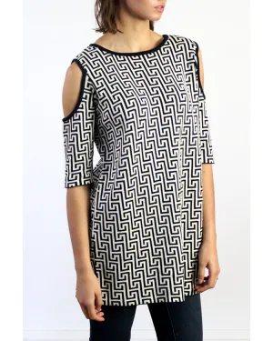 Labyrinth Print Open Shoulder Peekaboo Cotton Tunic