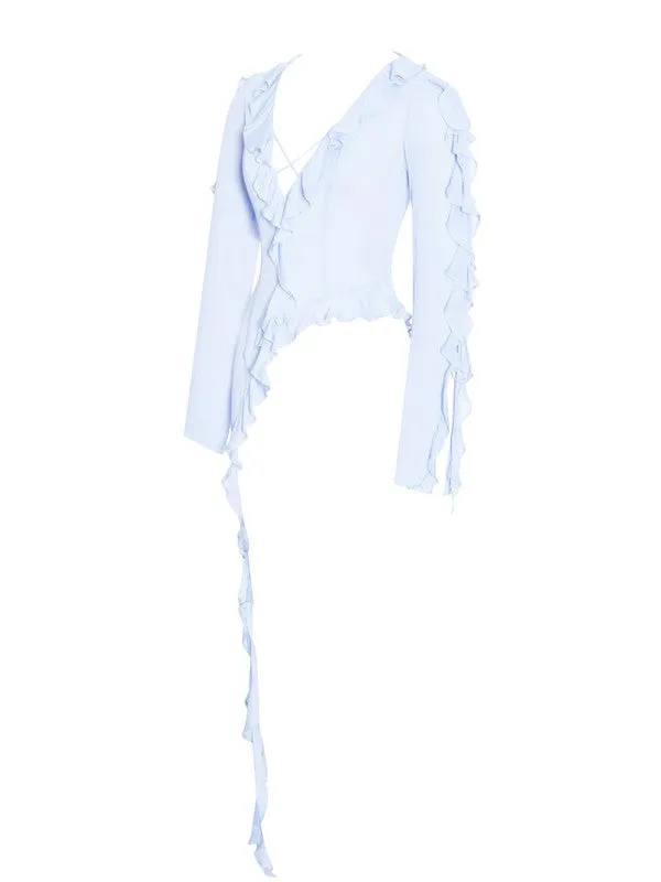 Leena Baby Blue Long Sleeve Draping Ruffle Top