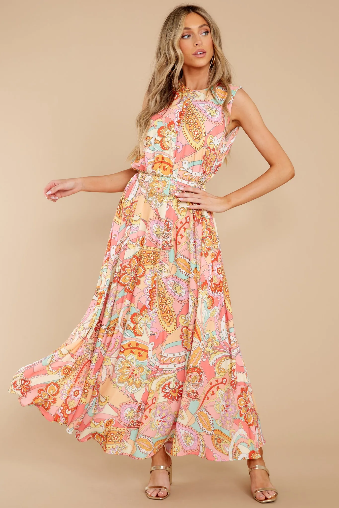 Like Fine Art Peach Pink Multi Print Maxi Dress